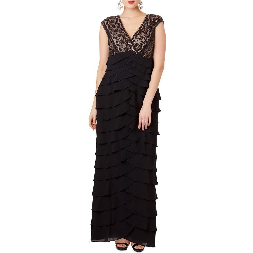 Adrianna Papell Black Lace Tiered Scalloped Cap Sleeve Mother Of